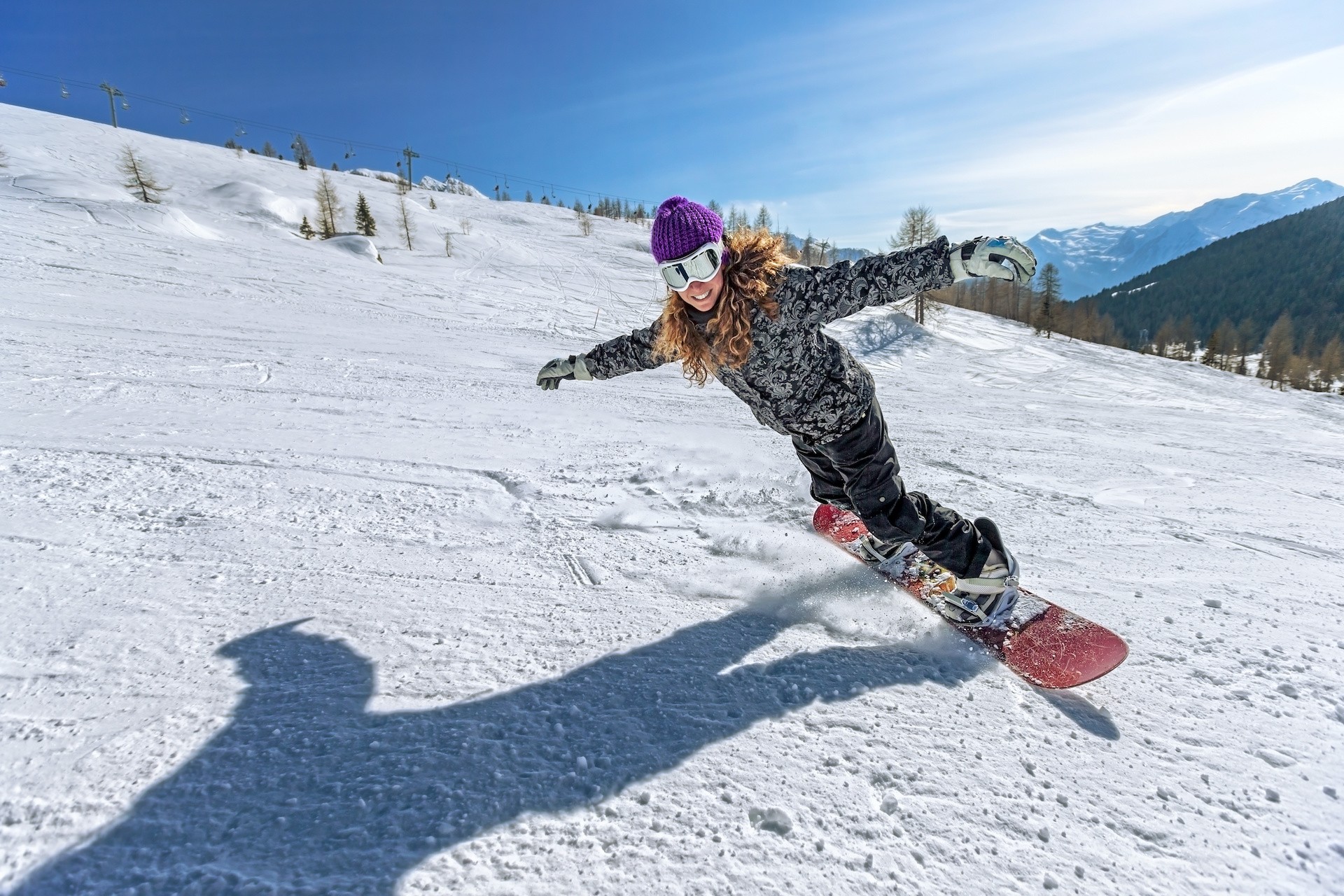 Snowboard Deals Store -Snowboard Deals Store Female snowboarding on groomed trail